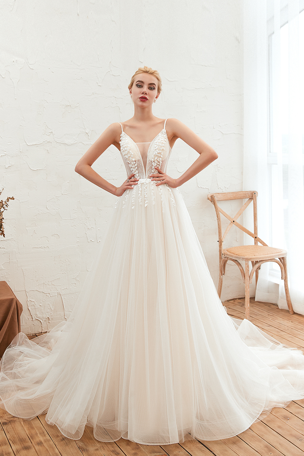Spaghetti Straps Plunging V-neck Wedding Dress
