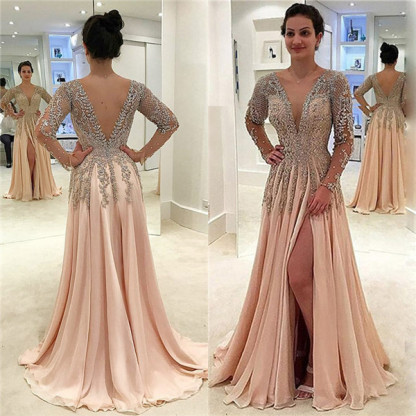 V-neck Long Sleeves Front Slit Floor Length Chiffon Evening Dresses