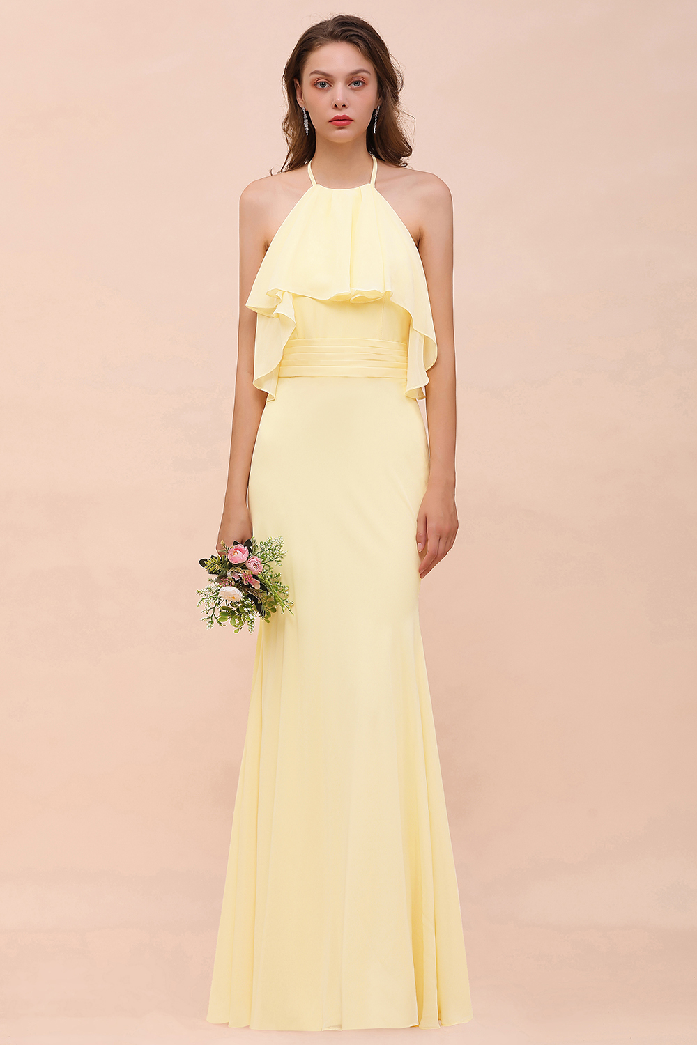 Halter Mermaid Ruffle Bridesmaid Dress Backless Daffodi Long Wedding Guest Dress