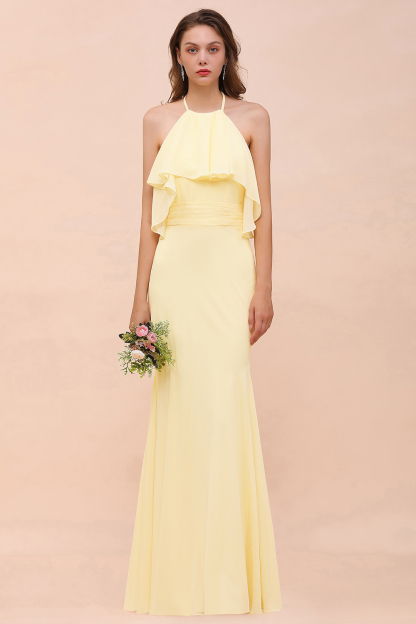 Halter Mermaid Ruffle Bridesmaid Dress Backless Daffodi Long Wedding Guest Dress