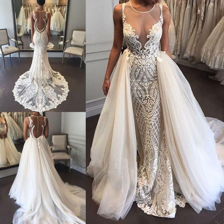 Illusion Detachable-Train Lace Delicate Zipper Sleeveless Wedding Dress bd028