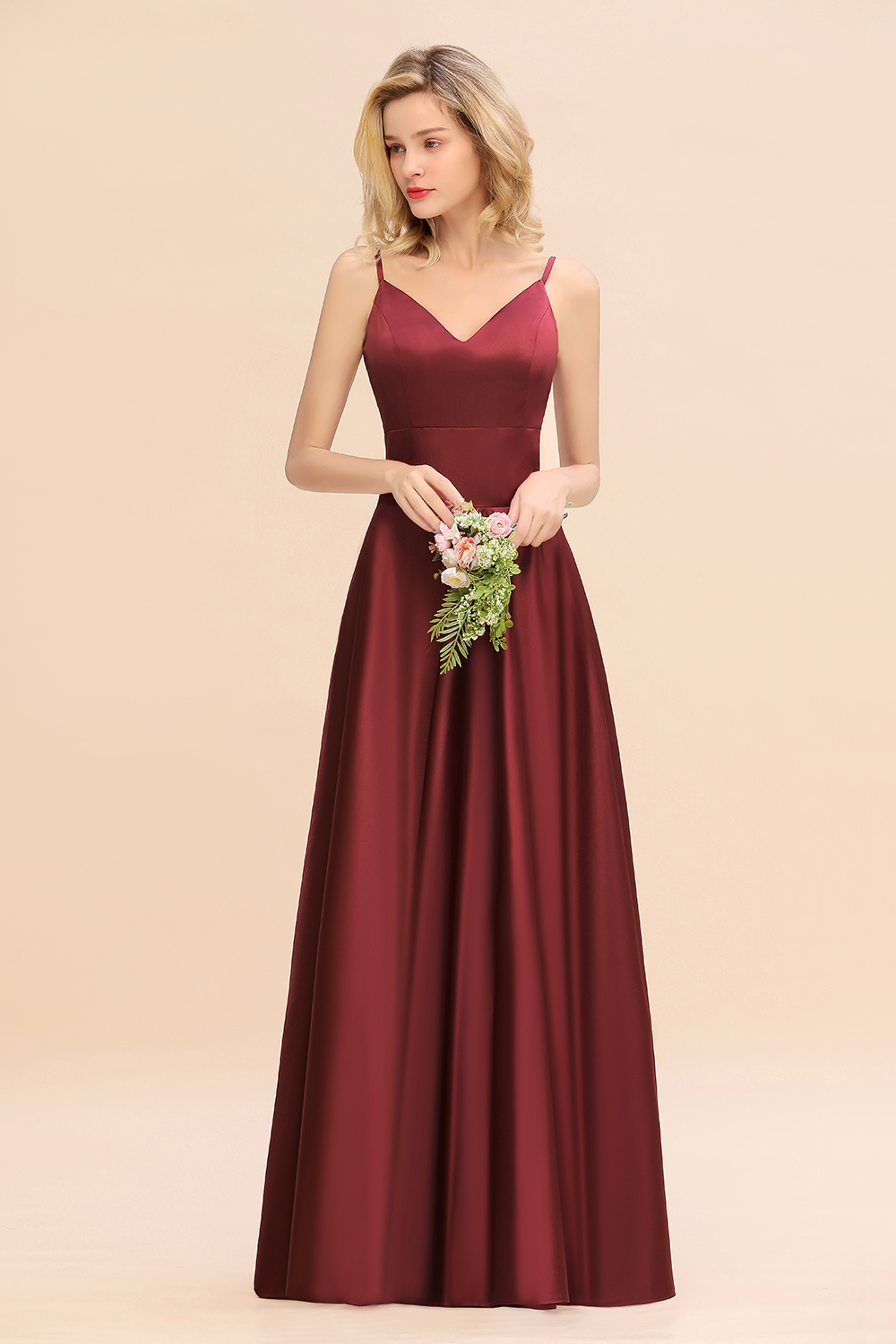 Spaghetti Straps Burgundy Satin Long Bridesmaid Dress Simple V-Neck Party Dress