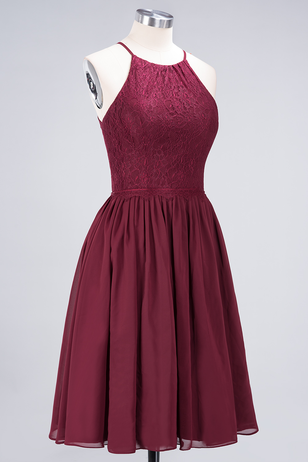 A-line Light Chiffon Lace Jewel Sleeveless Knee-Length Bridesmaid Dress UKes UK UK with Ruffles
