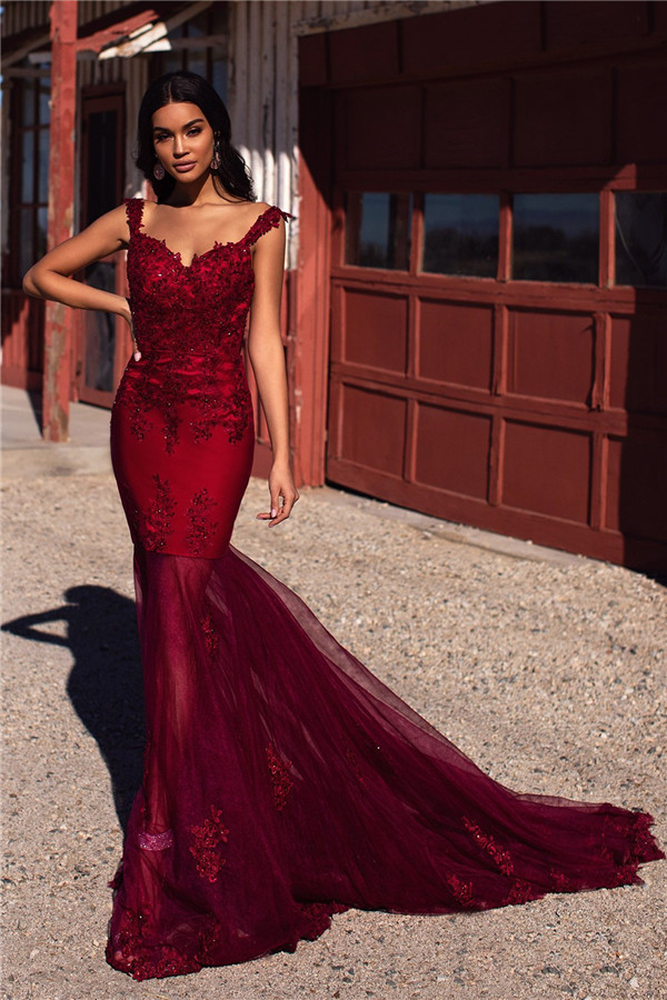 Burgundy Evening Gowns Cheap | Straps Appliques Tulle Mermaid Prom Dresses UK