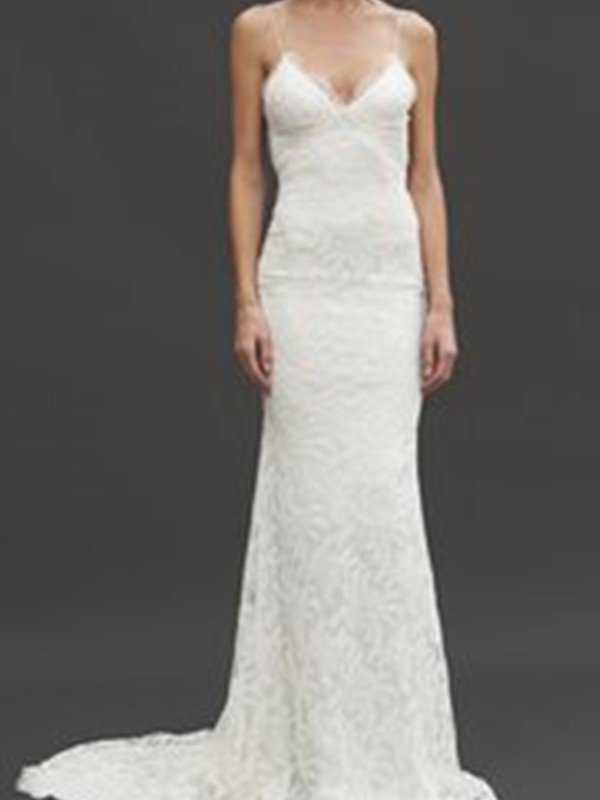 Court Train Sheath Spaghetti Straps Lace Sleeveless V-neck Wedding Dresses UK