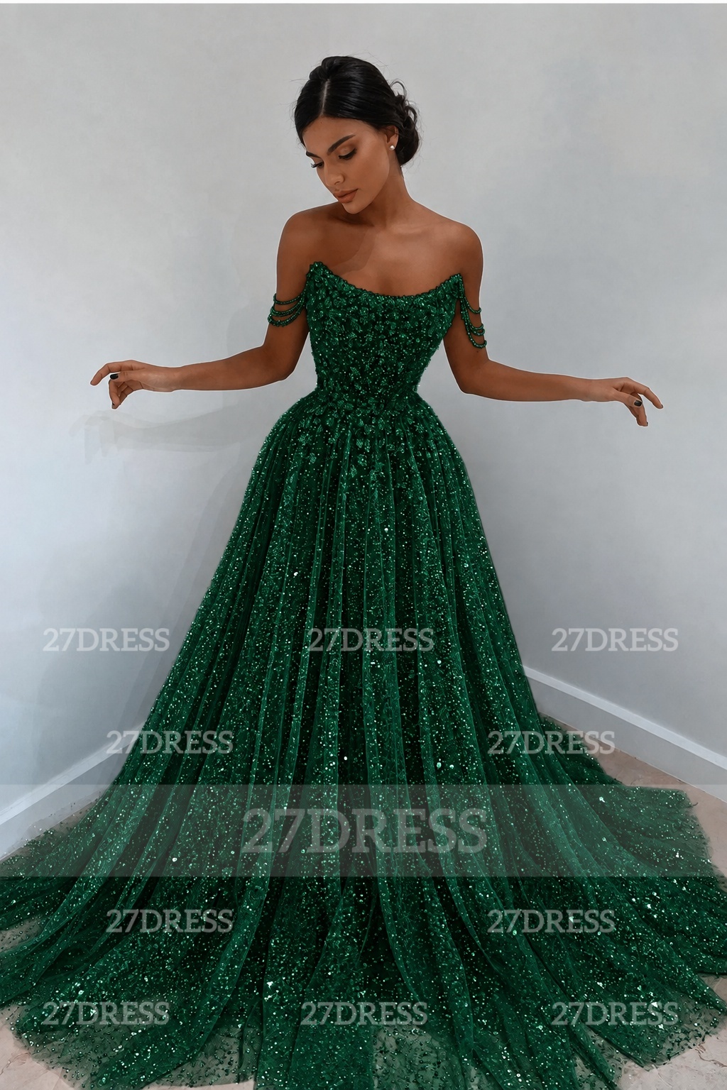 Glitter Off-the-Shoulder Beaded Evening Sequins A-Line Prom Dresses
