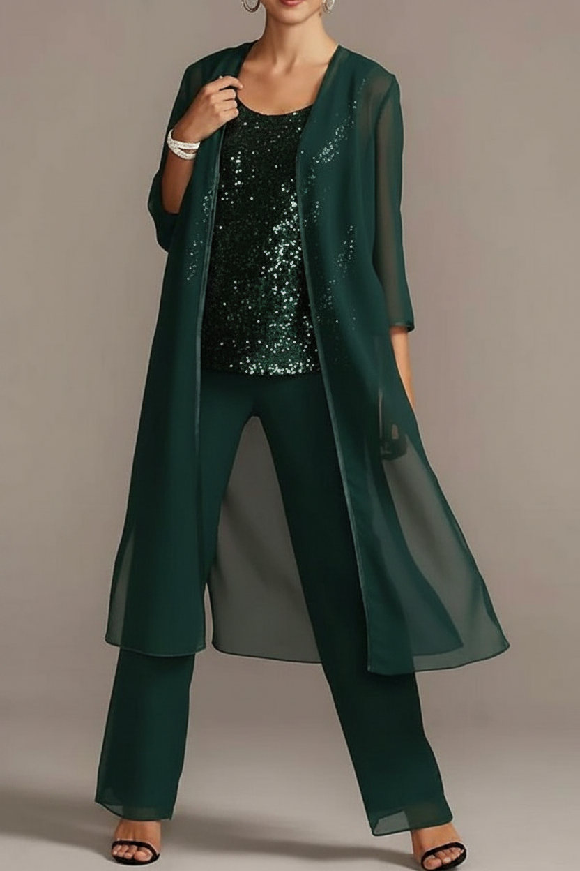 Jumpsuit 3 Piece Chiffon Sequins Mother of the Bride Dress with Scoop Neck 3/4 Sleeves