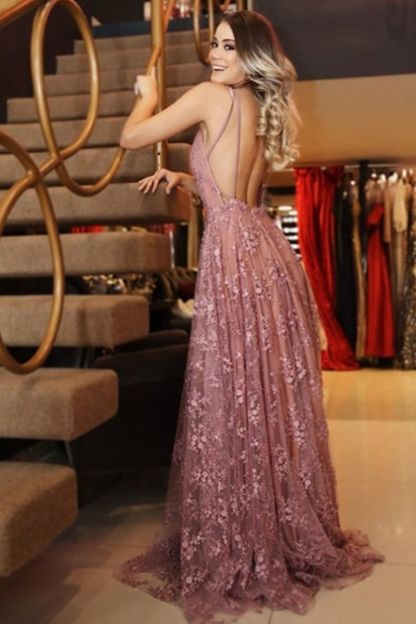 Sexy Pink Lace Appliques Elegant V-Neck Prom Dress UKes UK Backless Sleeveless Evening Dress UKes UK