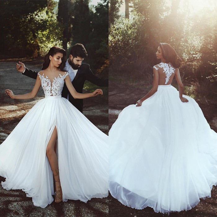 Cap-Sleeve Lace Wedding Dress | Bridal Gowns With Slit BA8543