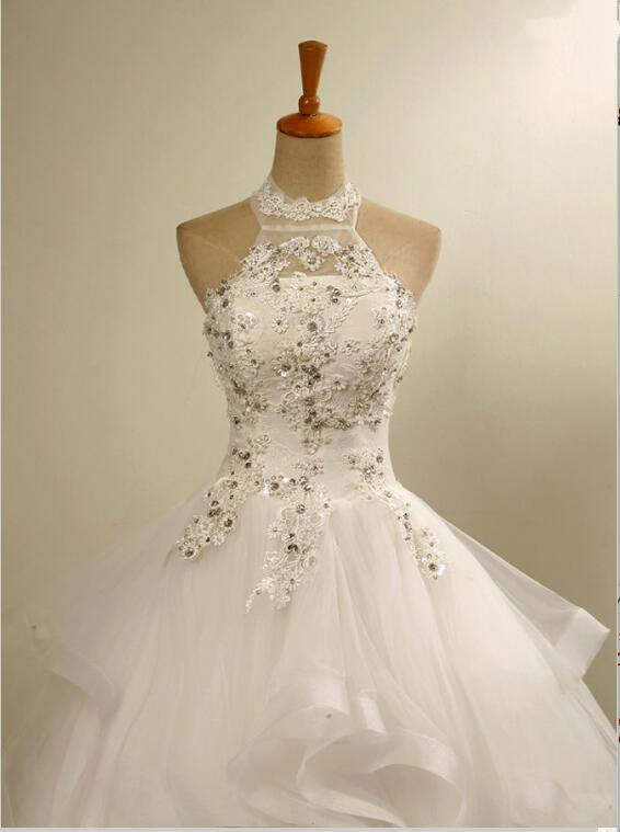 Modern High Neck Lace Appliques Beads Sleeveless Wedding Dress-27Dress.co.uk