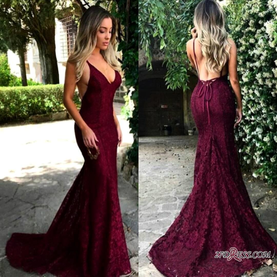 Gorgeous Maroon V Neck Lace Evening Dress UK Long Mermaid Prom Dress BA7196