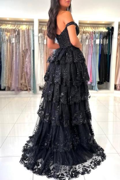 Off-the-Shoulder Glitter Front Split Evening Dress Sweetheart Puffy Floor Length Party Dress