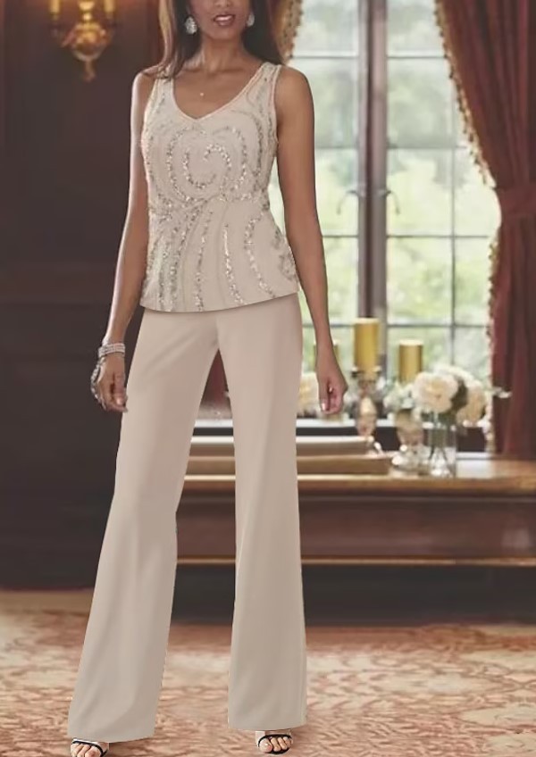 3 Piece Mother of the Bride JumpSuit Chiffon Sequins Wedding Guest Suits