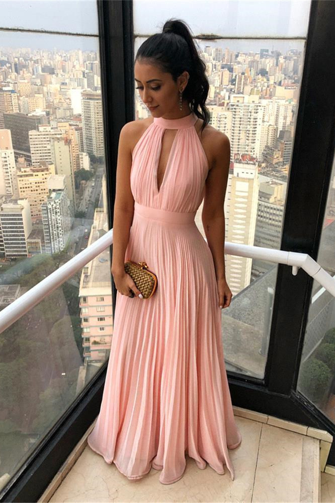 Ruffled Chiffon Keyhole Neckline A-line Long Prom Dresses