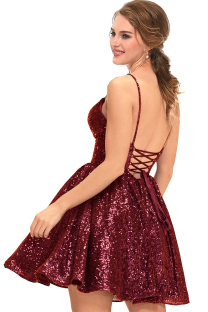 Sparkly Sequins Short Homecoming Dresses Spaghetti Straps Burgundy Party Dress