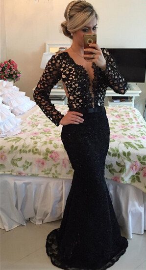 V-neck Black Lace Mermaid Prom Dress UK Long Sleeve-27Dress.co.uk