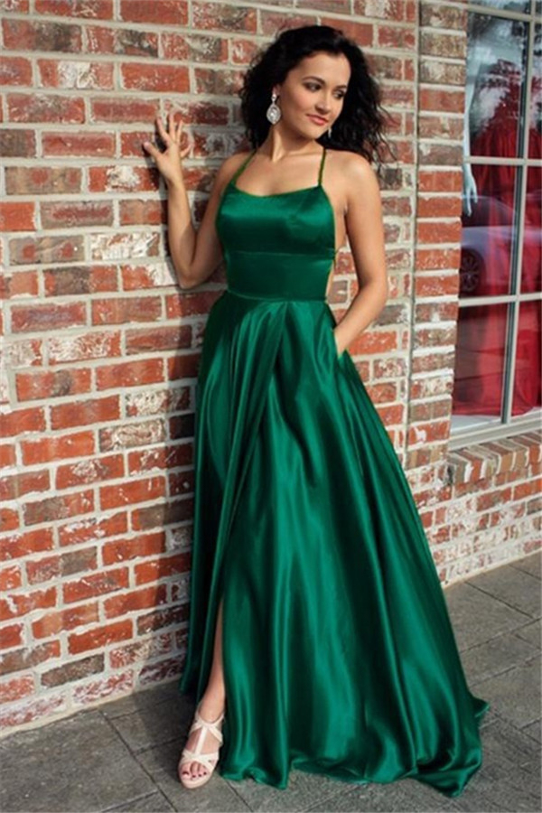 Green Lace Up Halter Prom Dress UKes UK Front Slit Sexy Evening Dress UKes UK with Package