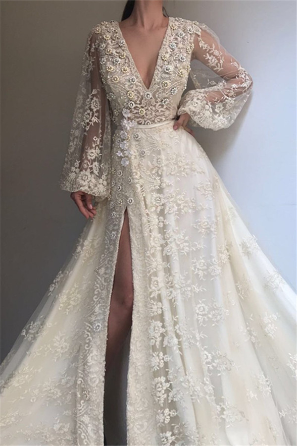 Chic V-Neck Side Slit Long Sleeve Evening Dresses | Lace Applique A-line Prom Dress UK-27Dress.co.uk