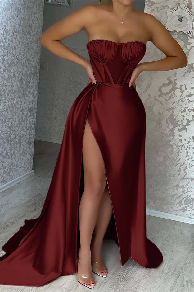 Sexy Pink Strapless Sleeveless Mermaid Prom Dress With Split Ruffles