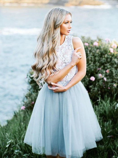 Smoky Blue Fluffy Tulle Chic Lace Party Dresses | Sleeveless Cheap Short Evening Dress