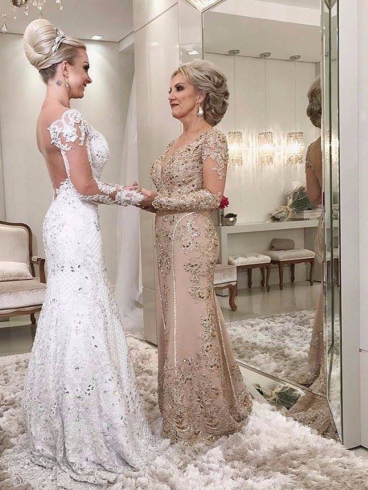 Elegant Gold Mother of the Bride Dress with Sleeves Lace Appliques Evening Dress for Wedding