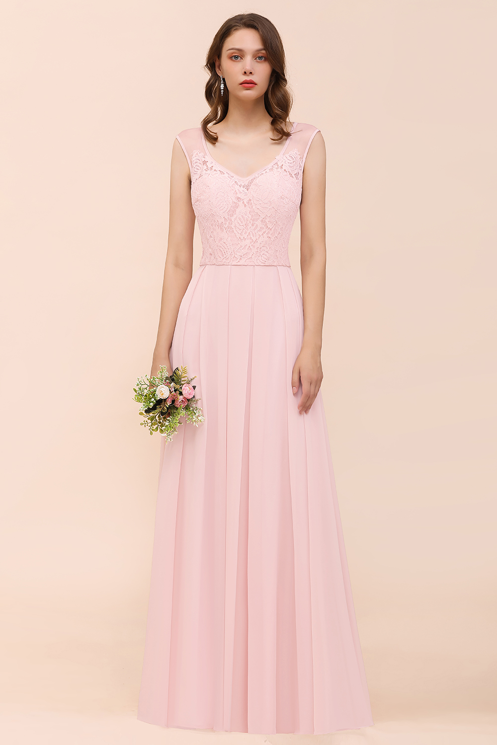 Stylish Pink Long Bridesmaid Dress A-line Ruffle Chiffon Lace Wedding Guest Dress