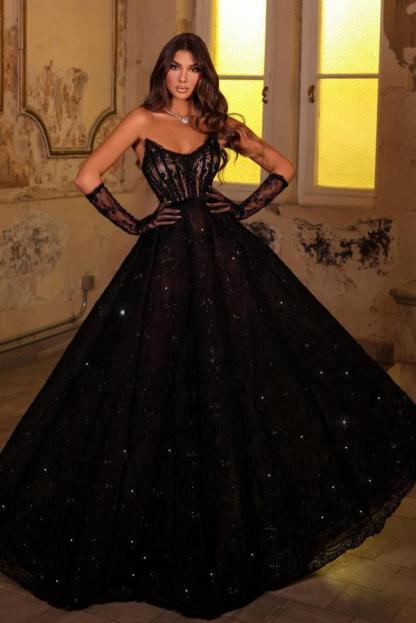 Glitter Strapless Black Evening Dress Sleeveless Floor Length Party Dress