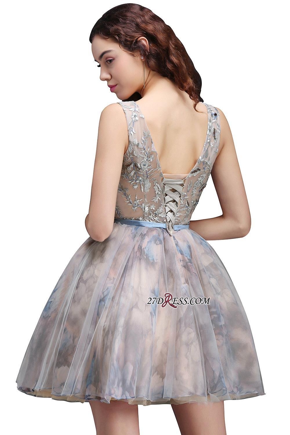 Sash Cute Lace-up Sleeveless Straps Short Flowers Homecoming Dress UK