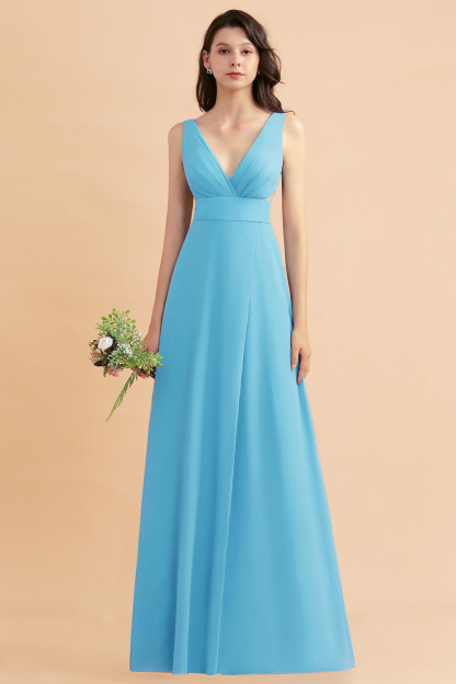 Dusty Blue Chiffon Bridesmaid Dress with Side Slit Long Wedding Guest Dress