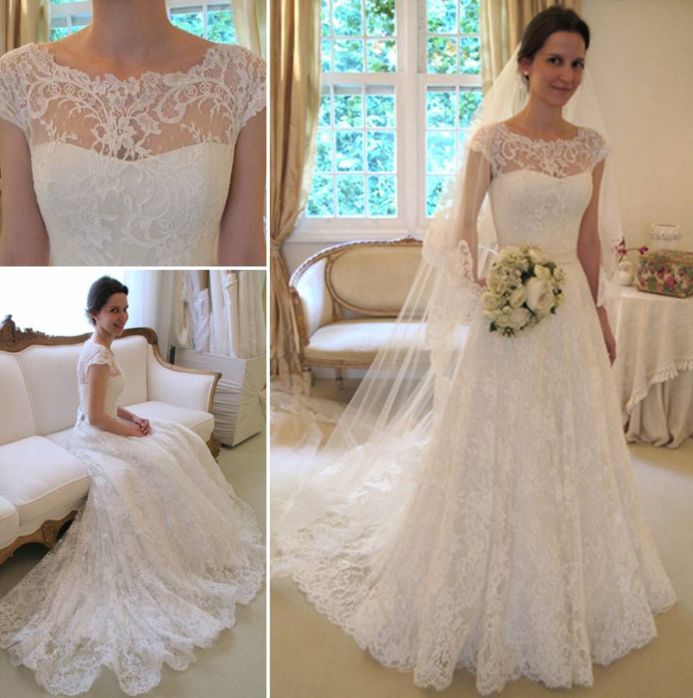 Lace A-line Princess Wedding Dresses UK with Cap Sleeves