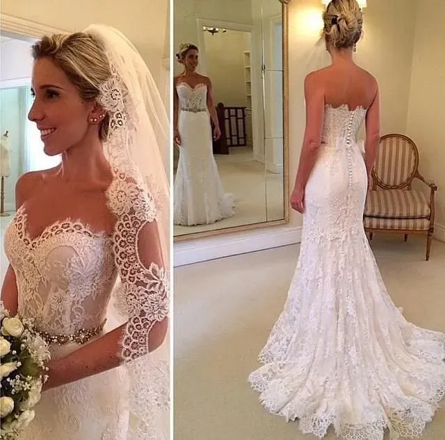 Delicate Sweetheart Sleeveless Lace Sexy Mermaid Wedding Dress With Beadss BA1598
