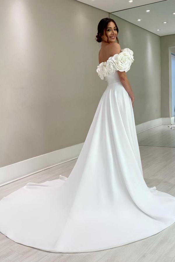 Off Shoulder Wedding Dresses Elegant Satin Bridal Gown Side Slit with 3D Flowers-27Dress.co.uk