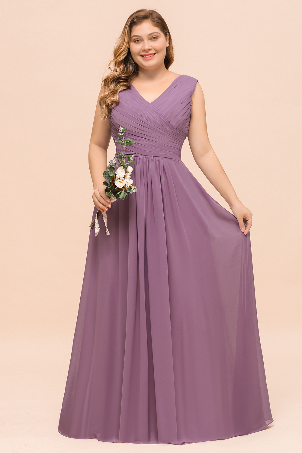 Plus Size Sleeveless Wisteria Ruched Chiffon Long Bridesmaid Dress