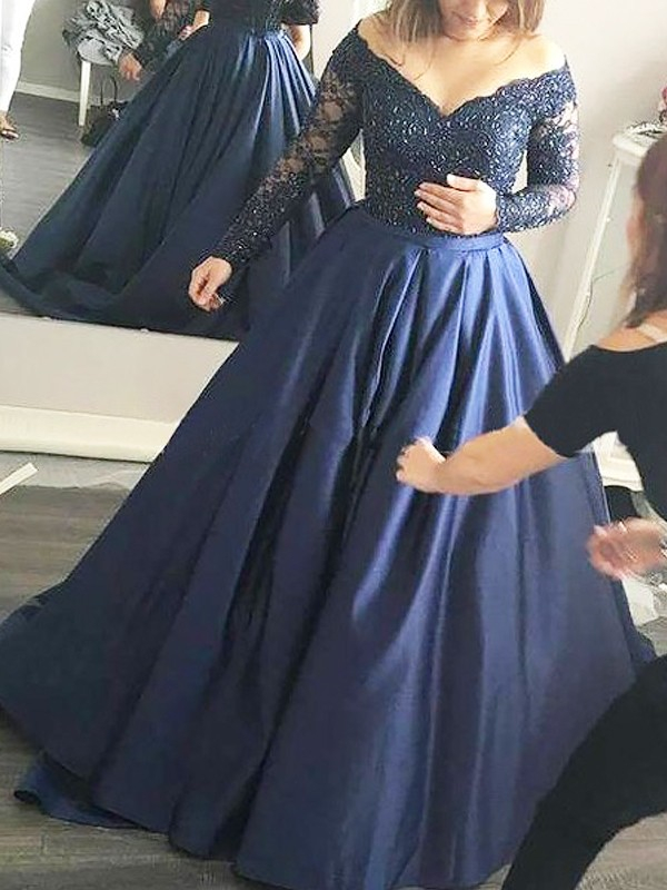 Lace Appliques Lace Off-the-Shoulder Prom Dress UKes UK Plus Size Long Sleeves Evening Dress UKes UK Sexy