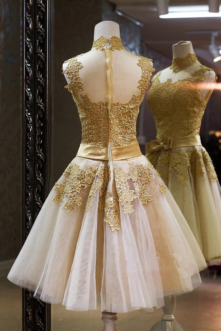 Luxury High Neck Sleeveless Golden Appliques Tulle Short Prom Dress UK