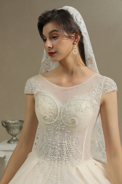 Cap Sleeve Aline Cathedral wedding dress Tulle Lace Appliques Garden Bridal Gown