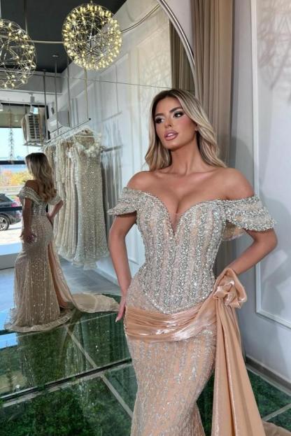 Gorgeous Off-the-shoulder Crystal Ruched Mermaid Prom Dresses