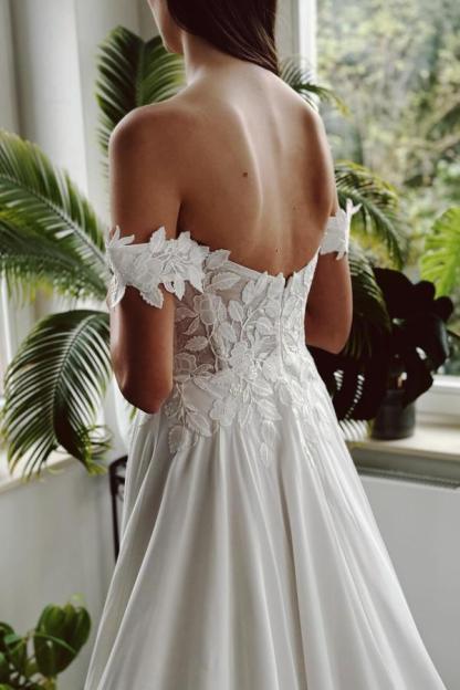 Off-the-Shoulder White Floral A-line Wedding Dresses Front Slit