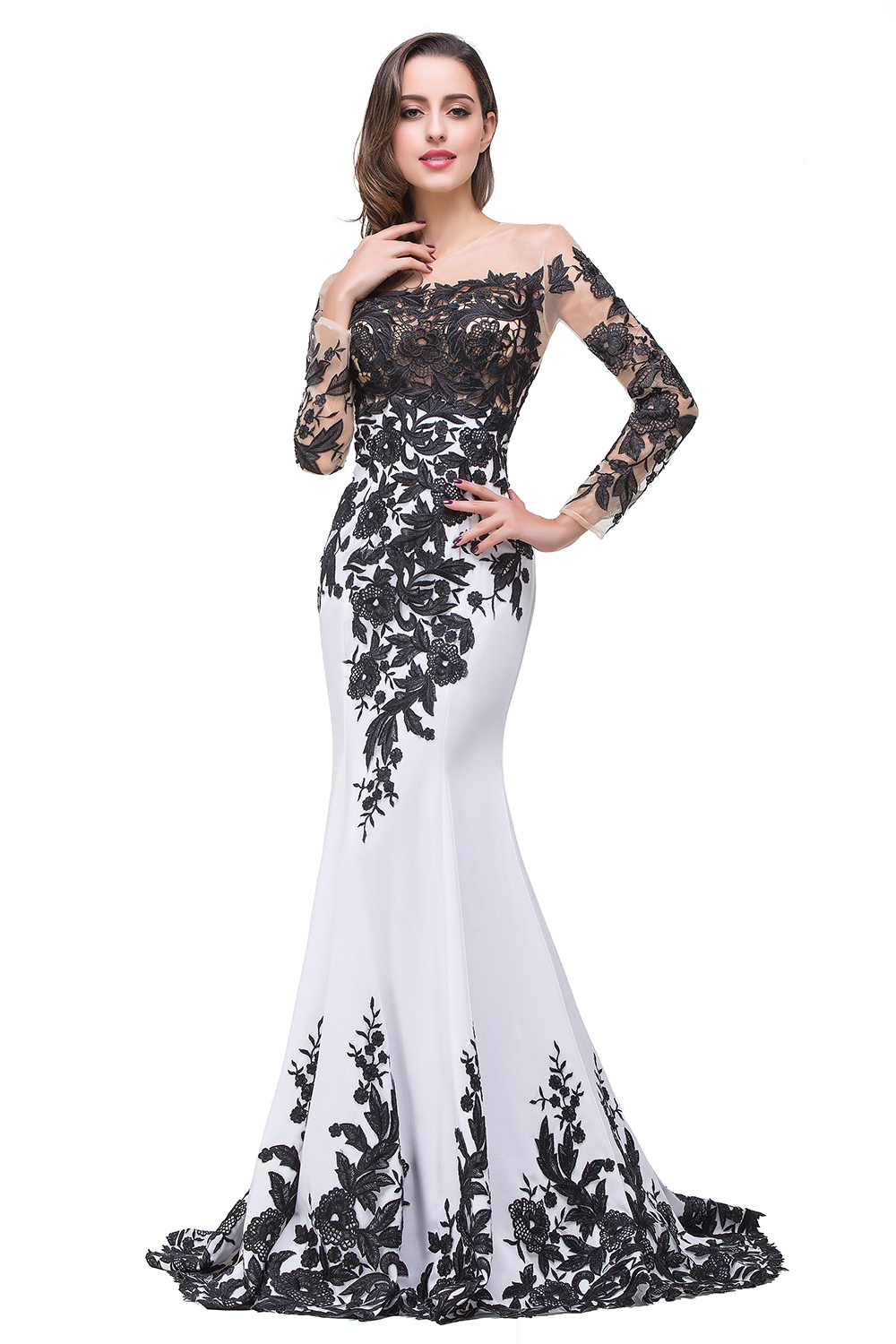 Gorgeous Long Sleeve Mermaid Evening Dress UK Black Appliques Mother Dress UK
