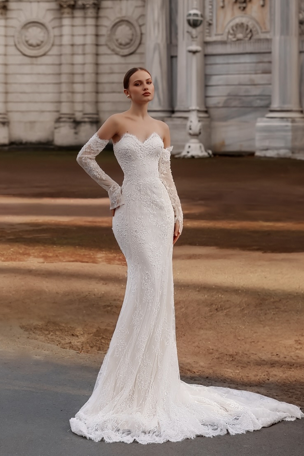 Romantic Satin Mermaid Wedding Dress Floral Lace Long Bridal Gown