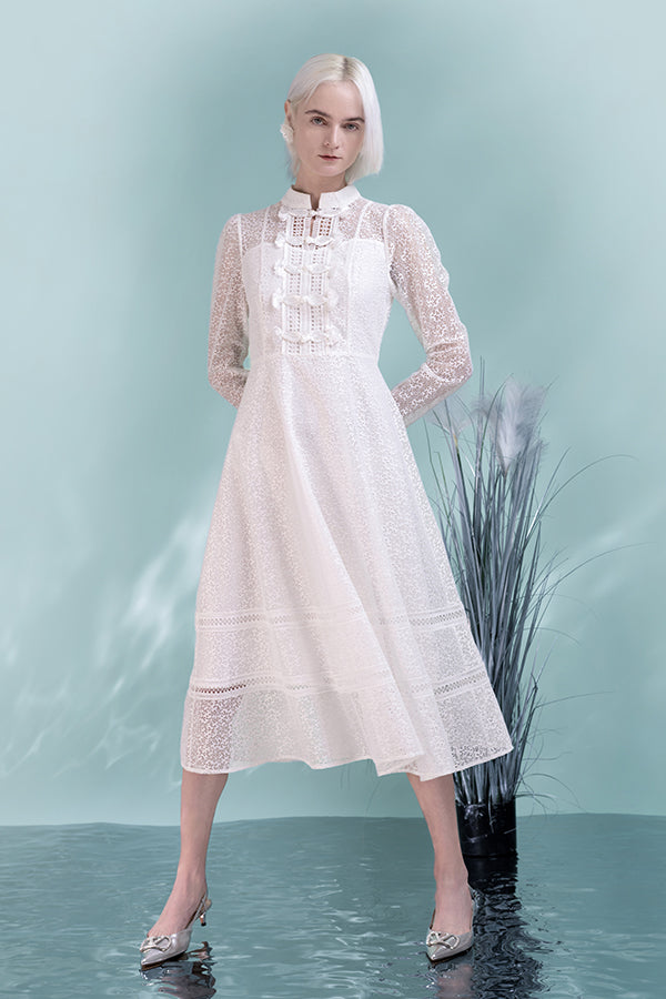 White High Neck Lace A-Line Dresses with Long Sleeves-27Dress.co.uk