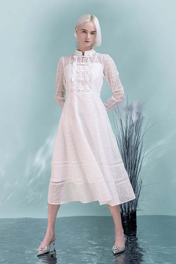 White High Neck Lace A-Line Dresses with Long Sleeves-27Dress.co.uk
