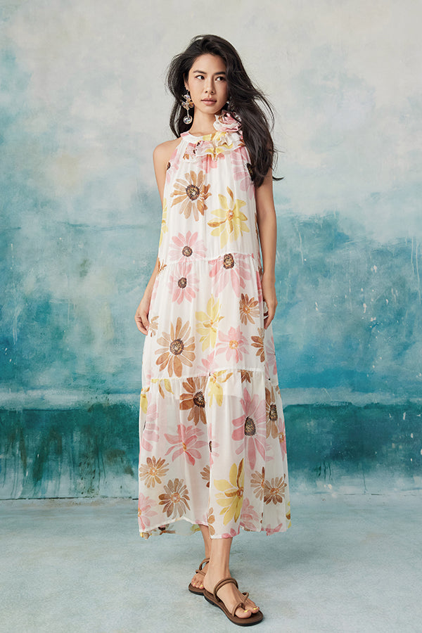 Floral Halter Sleeveless Chiffon Long Dresses -27Dress.co.uk