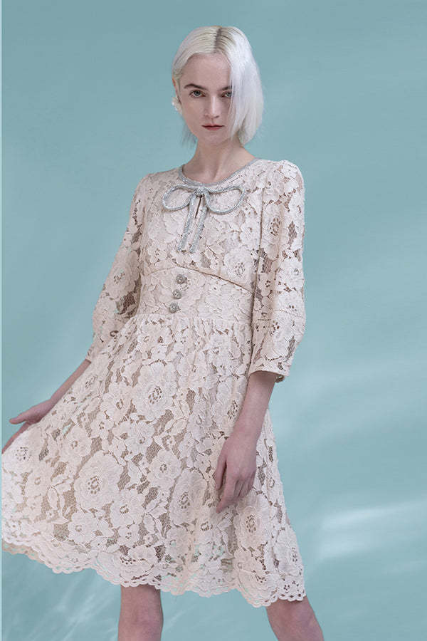 Ivory Lace A-Line Short Dresses with 3/4 Sleeves-27Dress.co.uk