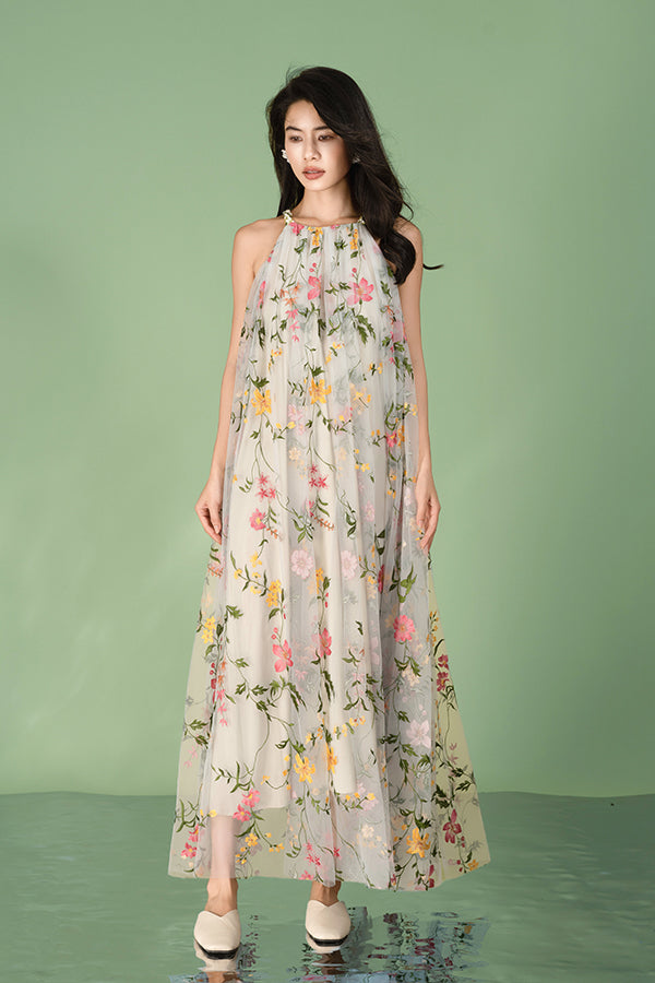 Floral Halter A-Line Long Chiffon Dresses-27Dress.co.uk