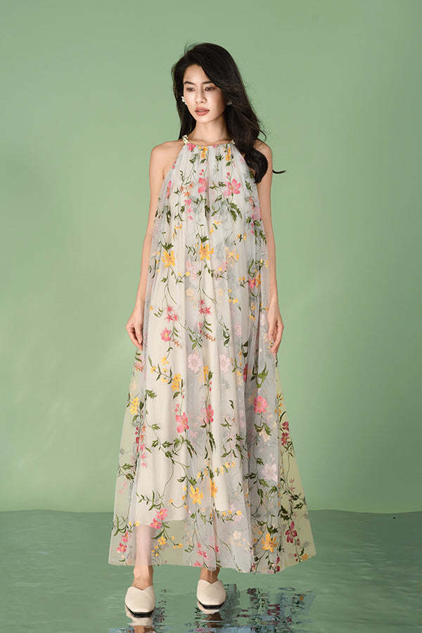 Floral Halter A-Line Long Chiffon Dresses-27Dress.co.uk