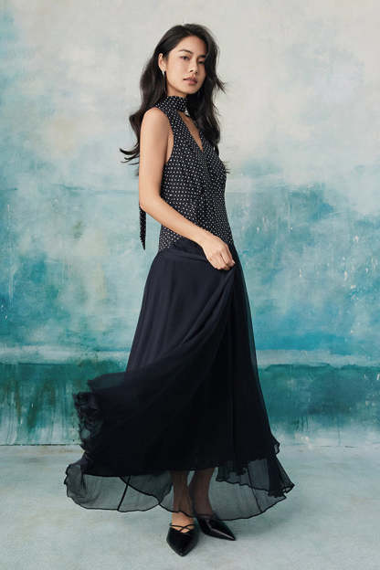 V-Neck Dark Navy Chiffon A-Line Long Dresses -27Dress.co.uk