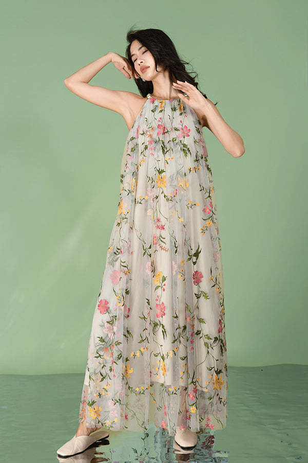 Floral Halter A-Line Long Chiffon Dresses-27Dress.co.uk