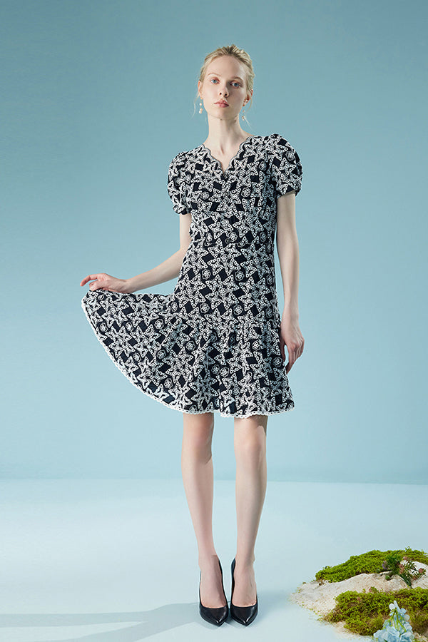 Black V-neck Short Dresses Short Sleeves with Applique-27Dress.co.uk