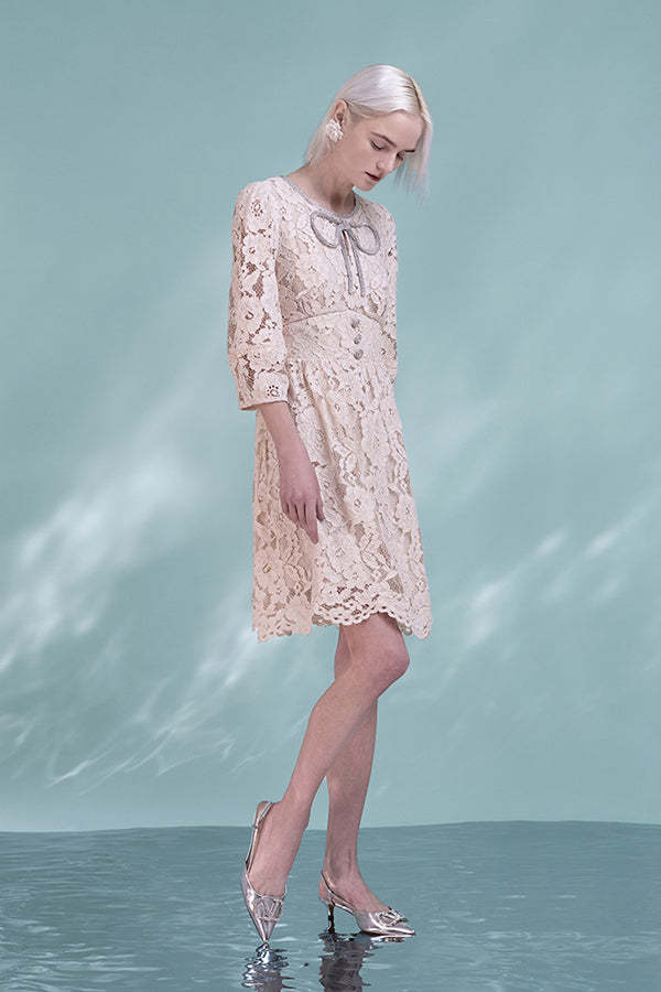 Ivory Lace A-Line Short Dresses with 3/4 Sleeves-27Dress.co.uk